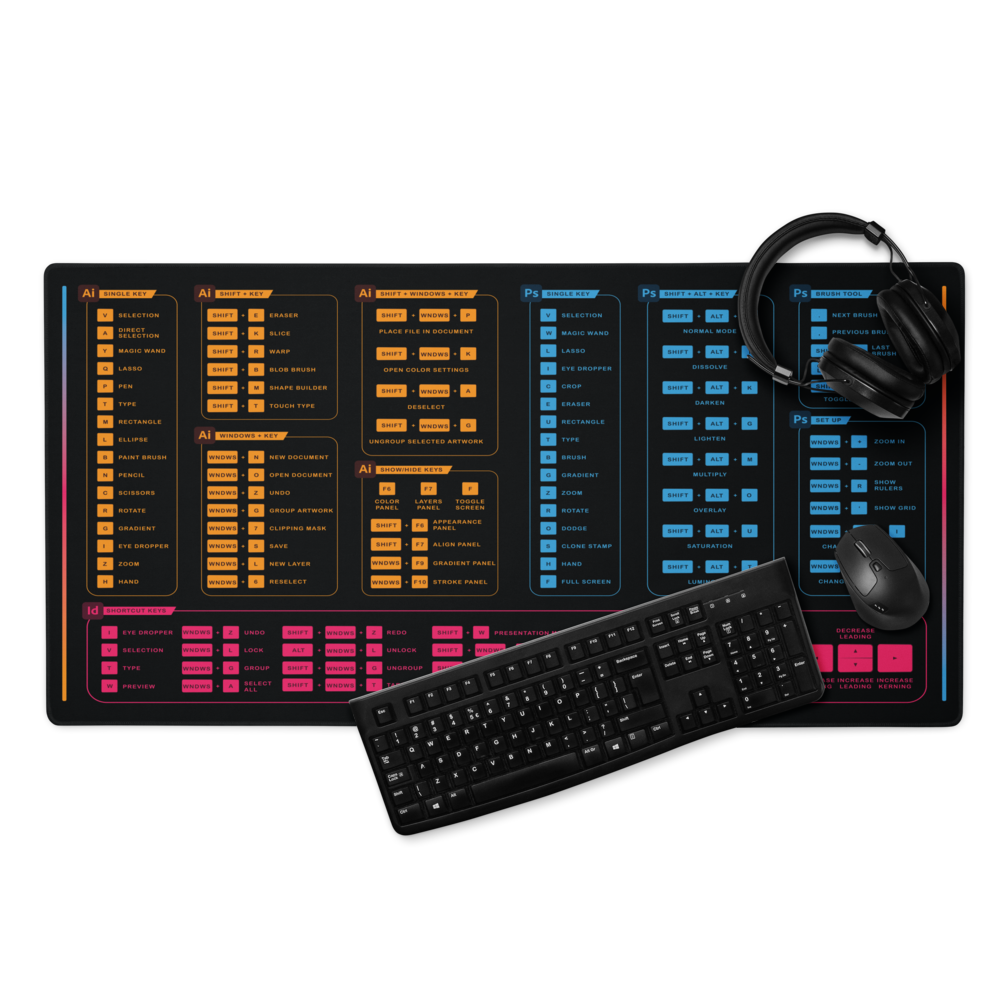 Graphic Designer Hotkey Desk Mat For PC - Black Shortcut Desk Mat